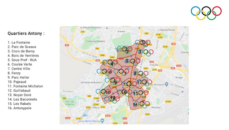 Répartition des anneaux olympiques dans ANTONY